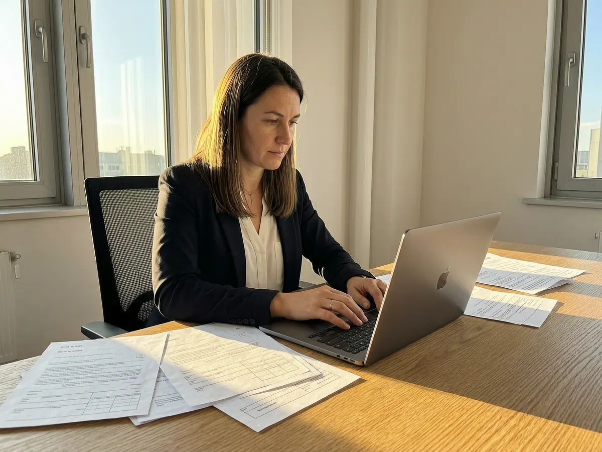 Osoba analizująca faktury na laptopie w biurze